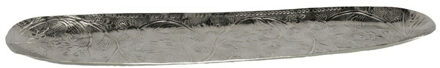Kaarsen plateau met rand en reliefwerk - ovaal/bladvorm - metaal - zilver - 67.5 x 16 cm