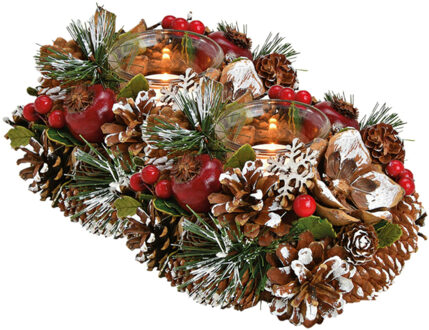 Kaarsenhouder ornament - 2x stuks - bruin/rood - hout - 18 cm