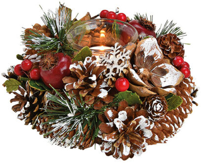 Kaarsenhouder ornament - bruin/rood - hout - 18 cm - Kerststukjes Multikleur