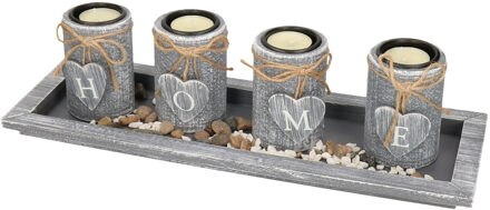 Kaarsenhouders set - home deco - 4x kaarsen en onderbord - hout - grijs - theelichtjes houder