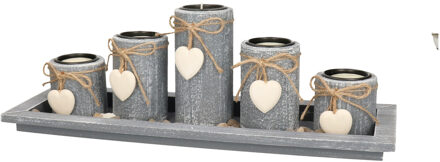 Kaarsenhouders set - home deco - 5x kaarsen en onderbord - hout - grijs - theelichtjes houder