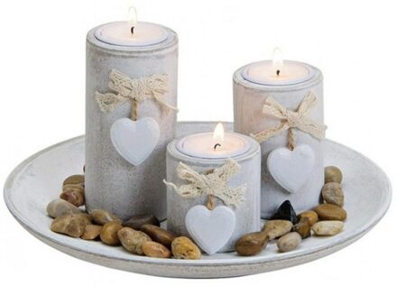 Kaarsenplateau - houten schaal - met 3 kaarsen en steentjes - met hartjes - Woondecoratie Grijs