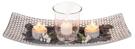 Kaarsenplateau met windlicht en theelichtjes - wit/grijs - hout - 38 x 16 cm