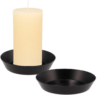 Kaarshouder/ mini schaaltje voor stompkaars - 2x - zwart - metaal - D10 x 2 cm