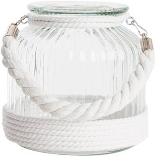 Kaarshouder/windlicht glas 18 cm met wit touw - Windlichten