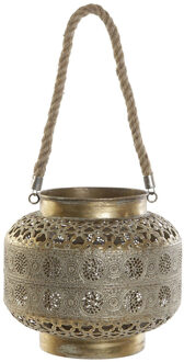 Kaarshouder/windlicht goud metaal 26 x 22 cm met touw