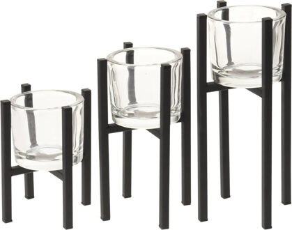 Kaarshouders - 3x stuks - glas - met zwart metalen standaard - waxinelichtjeshouders