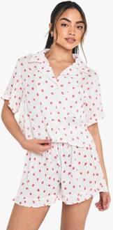 Kaasdoek Aardbeienprint Boxy Korte Mouw Overhemd & Shorts Pajamaset, White - 34