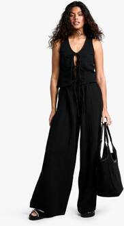 Kaasdoek Broek Met Elastische Taille En Wijde Pijpen, Black - 36