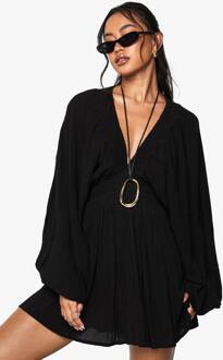 Kaasdoek Mini Jurk Met Diepe V-Hals En Lange Mouwen, Black - 38