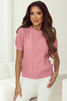 Kabelgebreide Korte Mouwen Pullover Roze