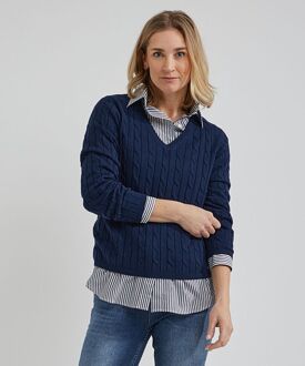 Kabeltrui Dames V-hals Navy Donkerblauw