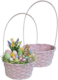 Kaemingk Rieten mandje met hengsel - 2x - lichtroze - D20 x H38 cm - paasmandje