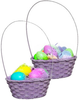 Kaemingk Rieten mandje met hengsel - 2x - paars - D20 x H38 cm - paasmandje