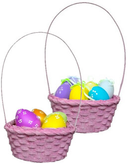 Kaemingk Rieten mandje met hengsel - 2x - roze - D20 x H38 cm - paasmandje