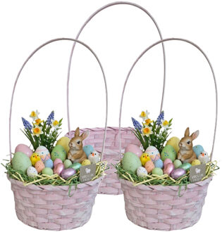 Kaemingk Rieten mandje met hengsel - 3x - lichtroze - D20 x H38 cm - paasmandje