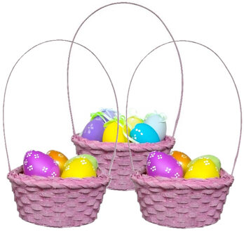 Kaemingk Rieten mandje met hengsel - 3x - roze - D20 x H38 cm - paasmandje