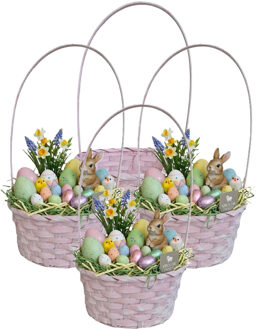 Kaemingk Rieten mandje met hengsel - 4x - lichtroze - D20 x H38 cm - paasmandje