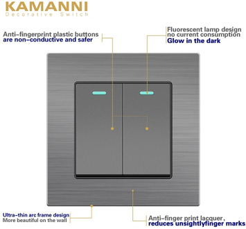 KAMANNI Grey 2Gang 2Way With Indicator Lightes Wall Switch Power Light Switch Luxury Push Button Switches Aluminum Alloy Surface