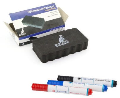 Kangaro Magnetische whiteboard set - wisser met 3 stuks gekleurde markers - Whiteboard accessoires