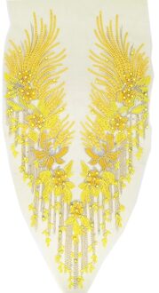 Kant Applique 3D Kralen Geborduurde Bloemen Rhinestone Trim Patches Grote Diy Hals Lijfje Wedding Bridal Prom Dress geel
