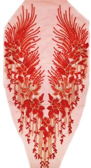 Kant Applique 3D Kralen Geborduurde Bloemen Rhinestone Trim Patches Grote Diy Hals Lijfje Wedding Bridal Prom Dress rood