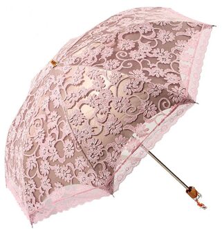 Kant Dames Parasol Parasol Regen Vrouwen Black Uv-bescherming Winddicht Waterdicht 2 Vouwen Meisje Prinses Paraplu Roze