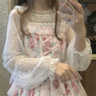 Kant Ruche Blouse Onder Shirt Vintage Volledige Mouwen Meisjes Lolita Tops Koude Schouder Vrouwen Mesh Transparante Boothals One Size