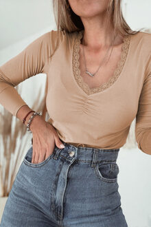 Kanten Afwerking V-hals Lange Mouw Blouse Bruin