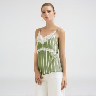 Kanten splitsing gestreepte camisole top Groen - M