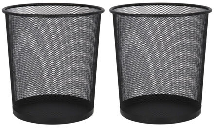 Kantoor prullenbak - 2x stuks - 9 liter - zwart - metaal - papiermand - 19 x 23 x 27 cm