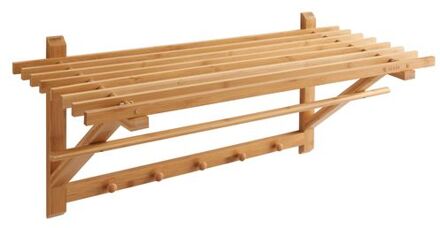 Kapstok met 5 Ophang Haken en Stang, 75 x 28 x 25 cm, Bamboe Hout Bruin