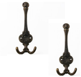 Kapstokhaken - 2x stuks - dubbele haak - garderobe - antiek bruin - 7,5 x 3 cm