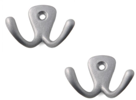 Kapstokhaken luxe - 2x - dubbele haak - aluminium - zilver - 4,2 x 5,0 cm - ophang haken - jashaken