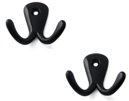 Kapstokhaken luxe - 2x - dubbele haak - aluminium - zwart - 4,2 x 5,0 cm - ophang haken - jashaken