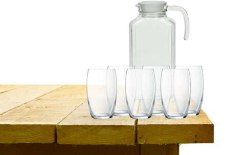 karaf schenkkan van glas 1700 ml met 6x stuks Versailles luxe waterglazen - Drinkglazen Transparant