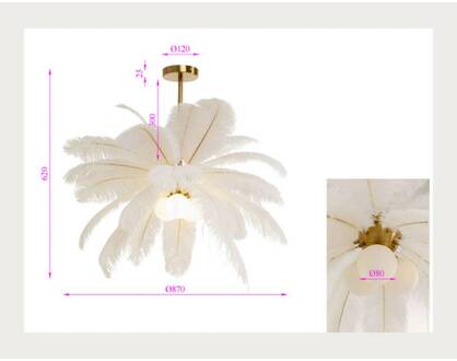 Kare hanglamp Feather Palm, wit, veren, Ø 87 cm, G9 wit, messing