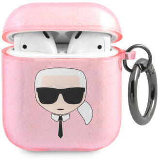 Karl Lagerfeld Karl's Head Silicone Glitter Case voor de Apple AirPods 1 / 2 - Roze - One size