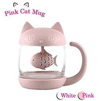 Kat Glas Thee Mok Keramiek Cup Met Vis Zetgroep Zeef Filter 250Ml (Wit) (Roze)
