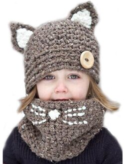 Kat Oor kids Jongens Gebreide Hoeden Winter 2 stks Bont Baby Girl Sjaal Hoed Set Leeftijd voor 2 -8 jaar Kerstcadeaus khaki