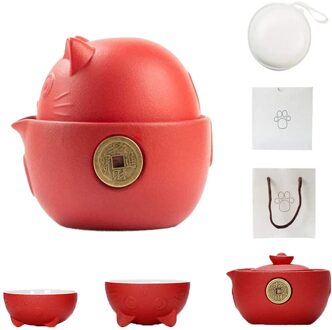 Kat Serie Reizen Draagbare Keramische Thee Set, Anti-Brandwonden Chinese Kung Fu Theepot Met Reistas, thee Potten En Thee Kopjes Voor Thuis rood