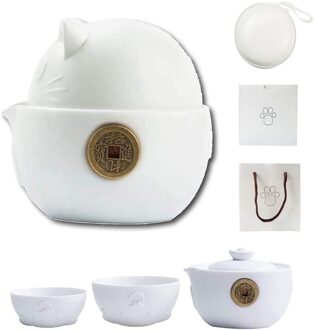 Kat Serie Reizen Draagbare Keramische Thee Set, Anti-Brandwonden Chinese Kung Fu Theepot Met Reistas, thee Potten En Thee Kopjes Voor Thuis wit