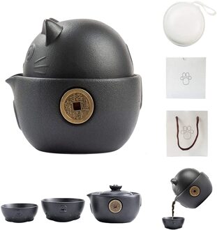 Kat Serie Reizen Draagbare Keramische Thee Set, Anti-Brandwonden Chinese Kung Fu Theepot Met Reistas, thee Potten En Thee Kopjes Voor Thuis zwart
