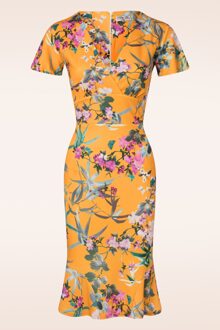 Katie Tropical pencil jurk in mosterd Geel/Multicolour