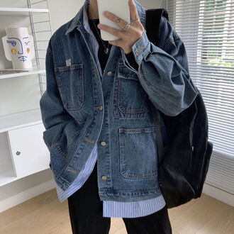 Katoen Blauw Denim Jas Heren Mode Retro Pocket Denim Jassen Heren Streetwear Losse Hip-Hop Bomberjack Mannen utility Jacket