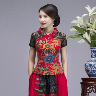 Katoen Linnen Dames V Kraag Mesh Stiksels Tang Pak Tops Traditionele Chinese Nationale Wind Blouse Plus Grote Maat 4XL