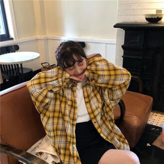 Katoen Womens Blouses Shirts Plaid Oversied Losse Casual Plaid Lange Mouwen Top Dame Blouses Herfst geel