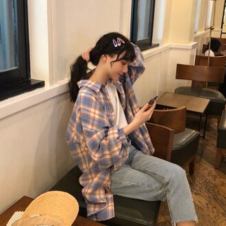 Katoen Womens Blouses Shirts Plaid Oversied Losse Casual Plaid Lange Mouwen Top Dame Blouses Herfst paars