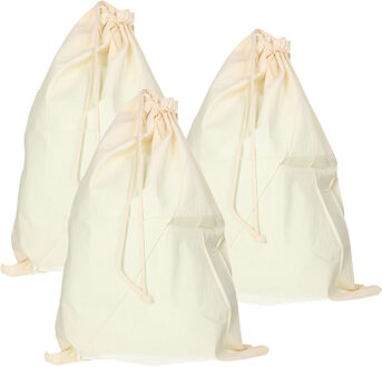 Katoenen canvas opbergzak/waszak met afsluitkoord - 3x - 49 x 75 cm - 38 liter - naturel kleur