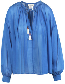 Katoenen en zijden blouse met verstelbare kraag en kwastjes Ottod'Ame , Blue , Dames - M,S,Xs